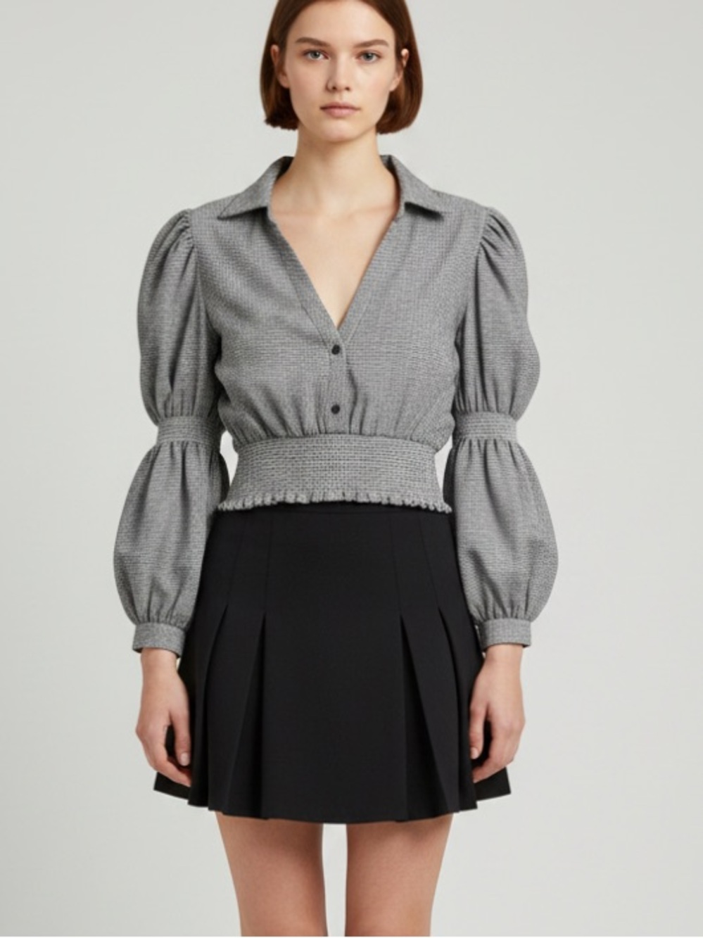 Vici Gray Smocked Waist Puff Sleeve Blouse long sleeve smocked cropped blouse